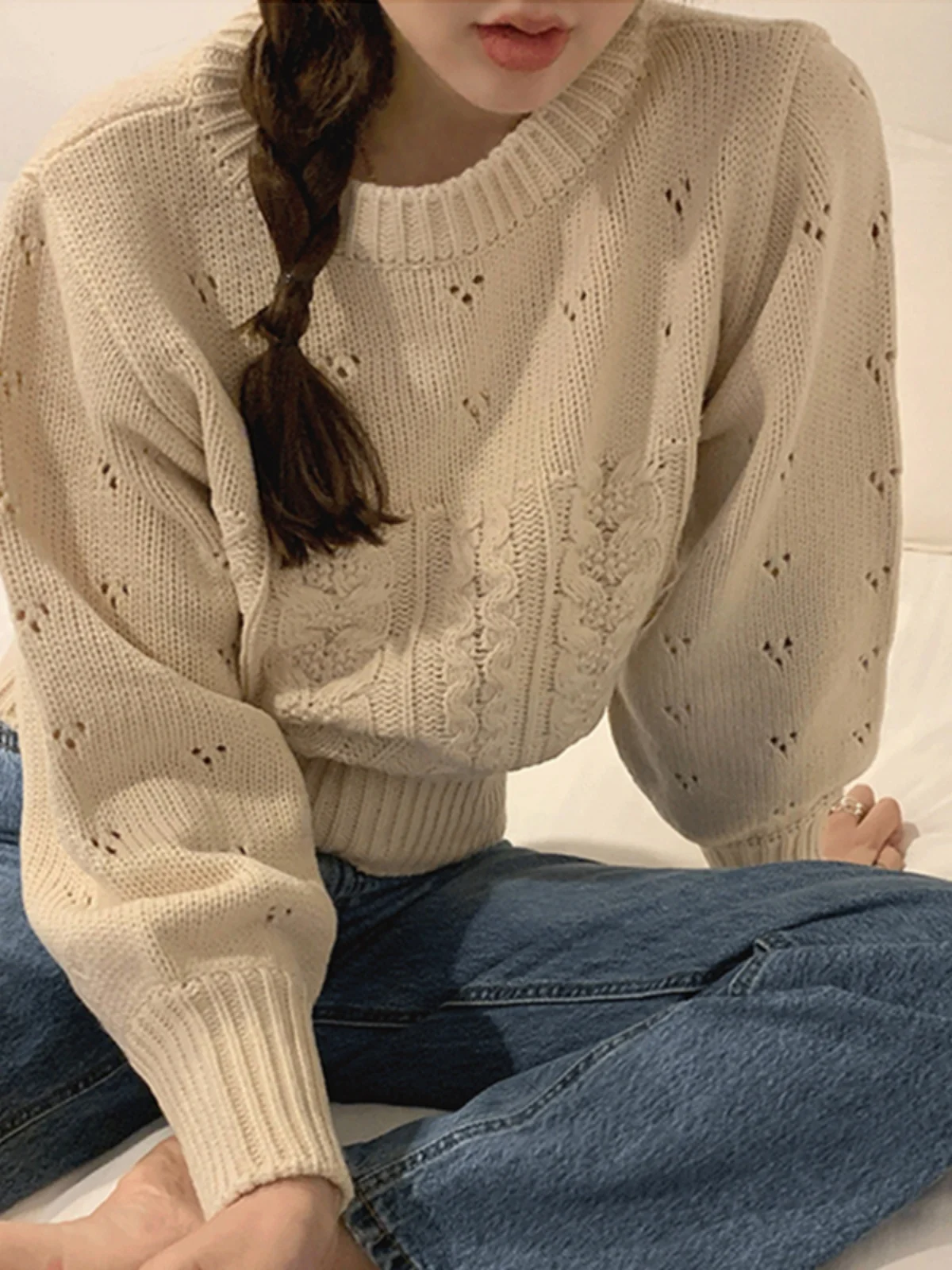 White Knitted Sweater Women's Autumn Winter New Sle round Ne Overhead Vintage Gentle Wind Outerwear Top Women