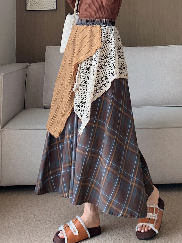 Patchwork Lace Plaid Long Skirts Women Elastic Waist Maxi Skirts Harajuku Y2K A-Line Casual Loose High Waist Skirts Female 2025