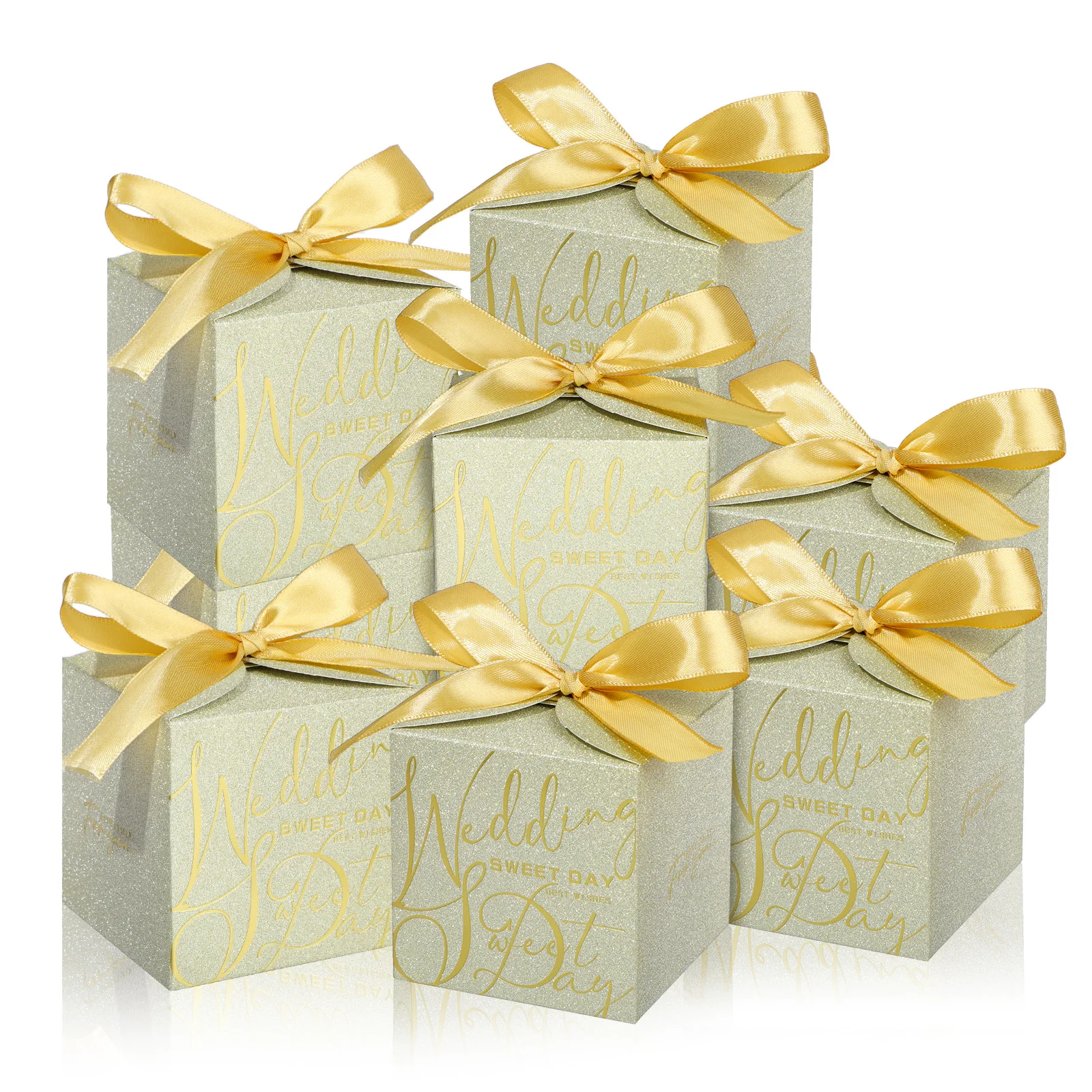 Caja de dulces de boda, cajas de papel de regalo con cintas, bolsas de embalaje con purpurina de perlas, exquisitos favores de boda para invitados