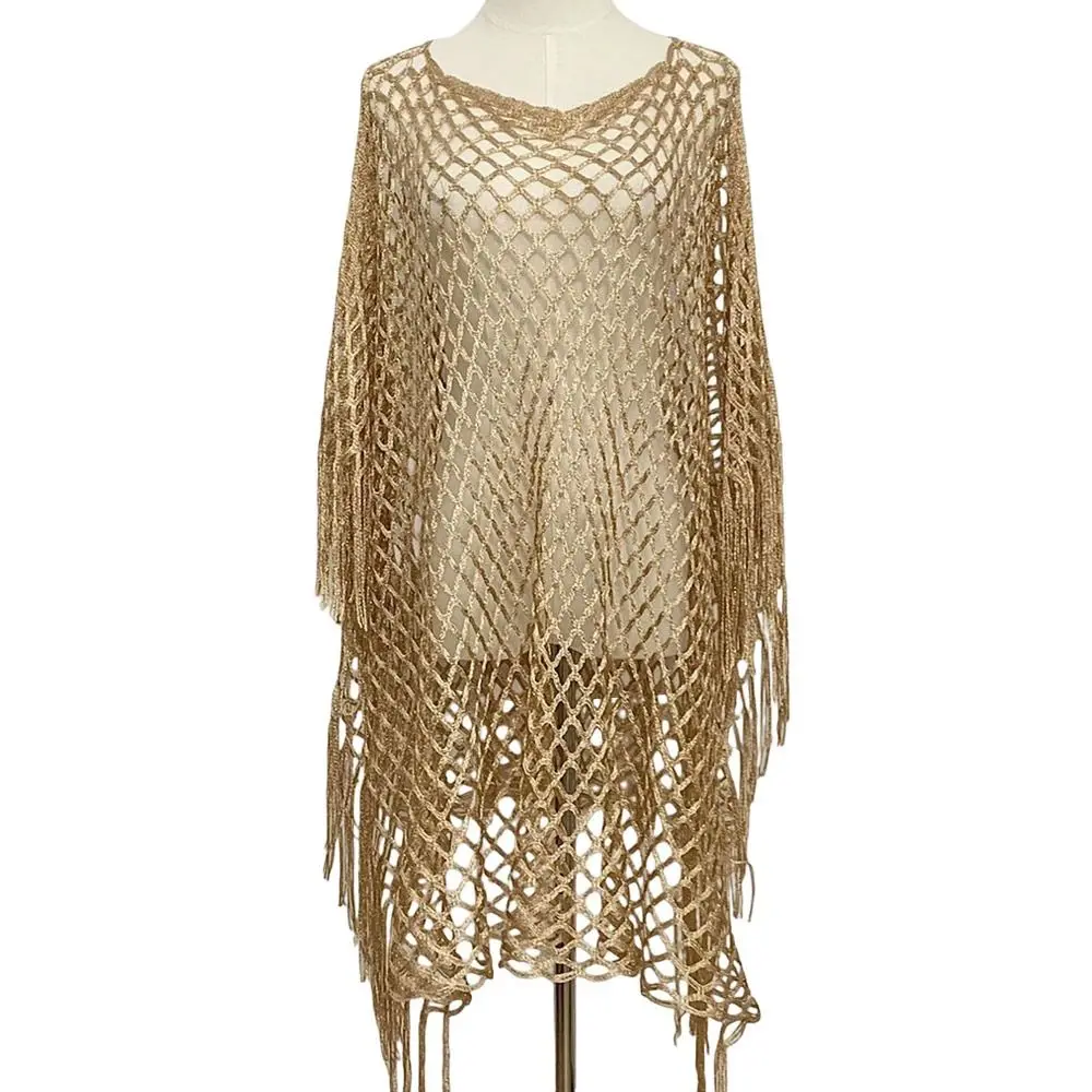 Solid Color Gold Silver Wire Mesh Shawl Jacket Hollowed Out Knitted Beach Towel Long Sleeve Tassels Cover Up Sun Protection
