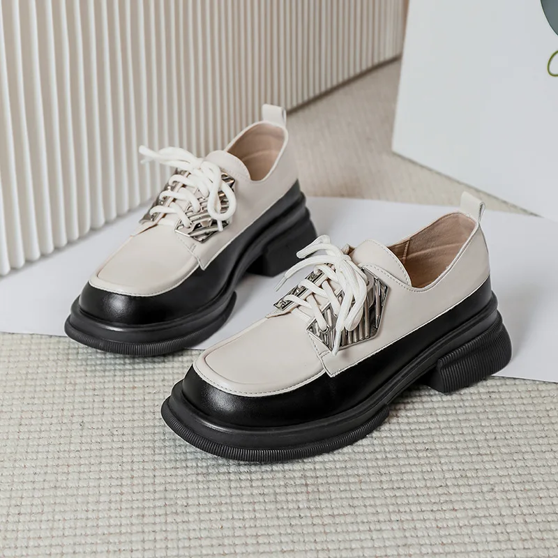 

Thick Soled Leather Shoes for Women's Spring and Autumn Black and White British Style Lace Up Loafers