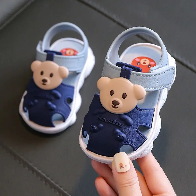 Summer Aged 0-2 Cute Cartoon Bear Toddler Baby Shoes For Boys Non-Slip Soft-Soled Children Indoor Kids Sandals With Covered Toes