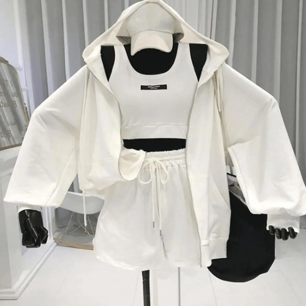 Summer Autumn Drawstring Three Pieces Short Sets Women Hoodie Thin Coat Shorts with Thin Coat Vest Suits Sportswear Streetwear