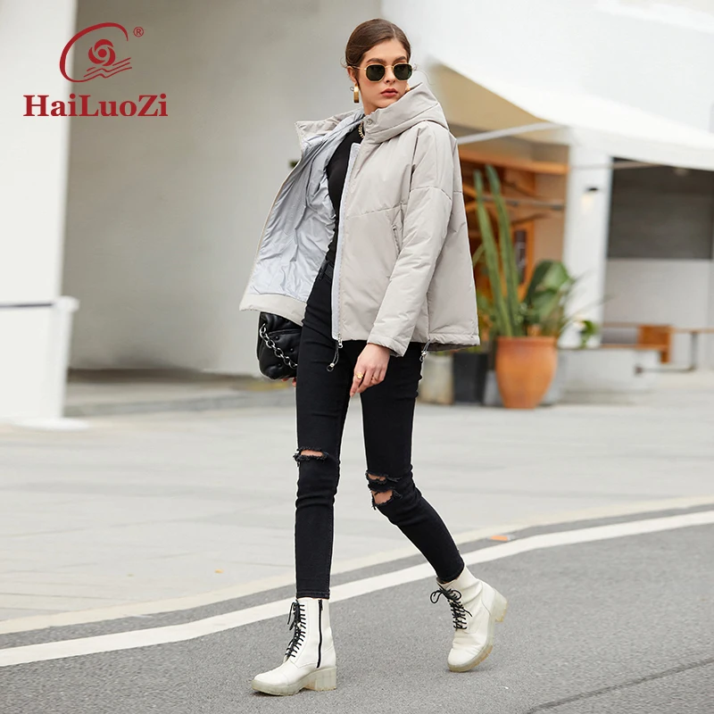 HaiLuoZi 2022 New Women\'s Jacket Spring Women Casual Short Coat Fashion Splicing Warm Brand Female Hooded Bio Cotton Parkas 7871