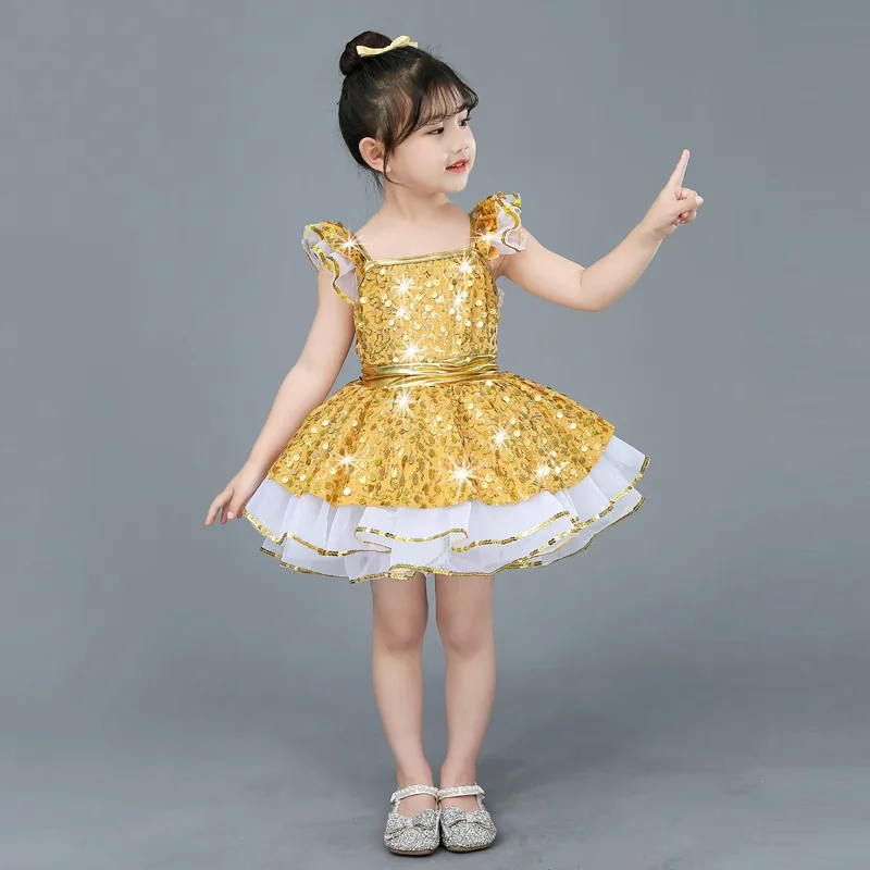 Golden Modern Sequin Dance Costume Girls Lyrical Contemporary Freestyle Yellow Dance Dress Girls Stage Wear Festival Celebration view 3