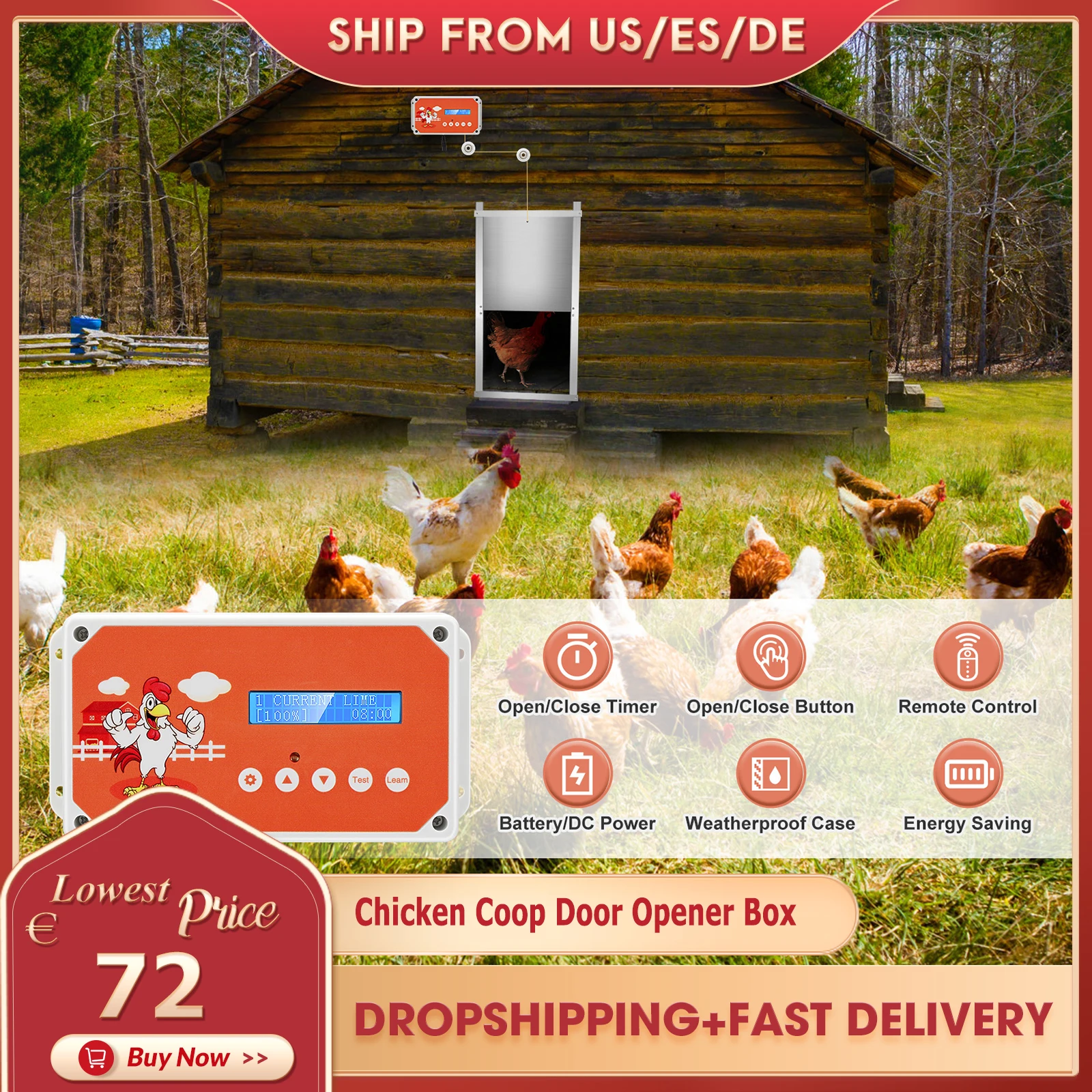 

Automatic Chicken Coop Door Openers Controller LCD Screen Timer Light Sensor Solar Battery Electric Power Poultry House Flap