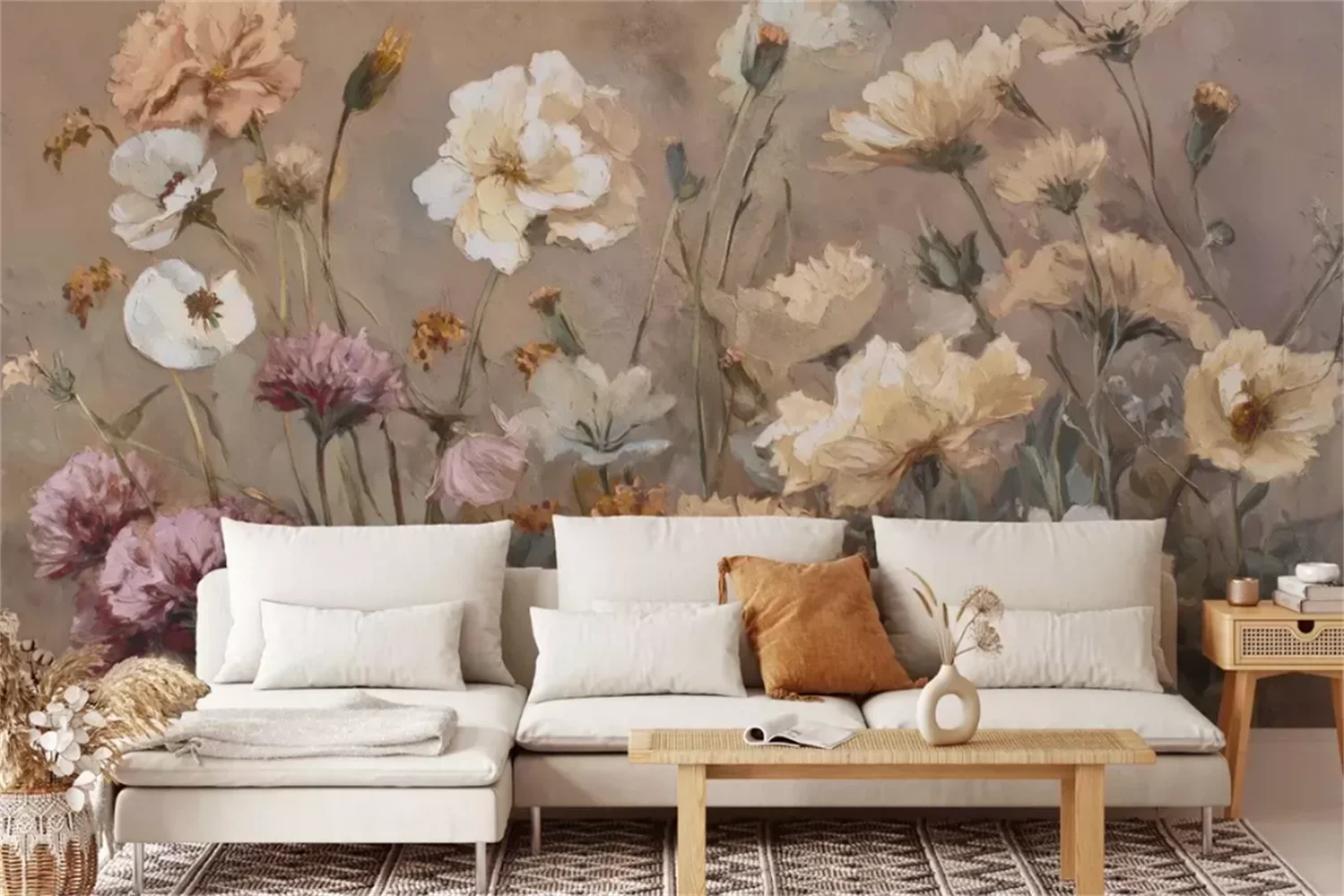 Ancient oil painting floral wallpaper American style medieval style hand-painted wild floral mural living room sofa background