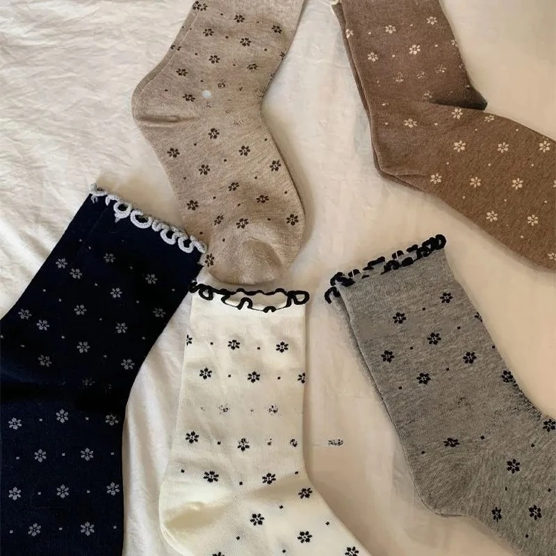 1/5 pairs Spring  Autumn New Cute Cartoon Women's Socks Fashion Versatile Women's Middle Socks Elegant Simple Lace Bow Socks
