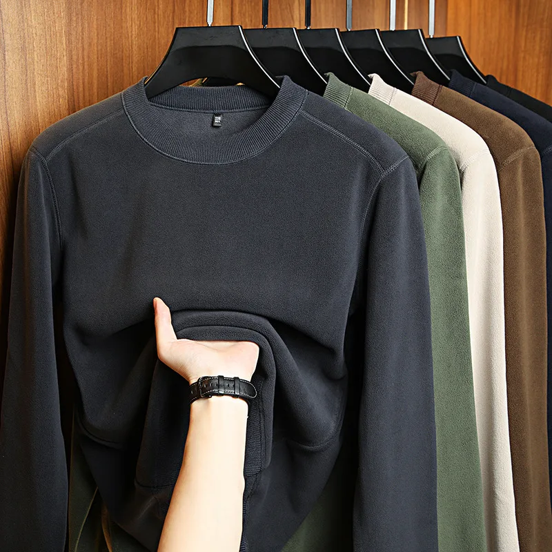 الشتاء الساخن على الوجهين الدافئة هوديي الرجال جولة الرقبة سميكة المخملية طويلة الأكمام تي شيرت بلون كل مباراة أسفل أعلى