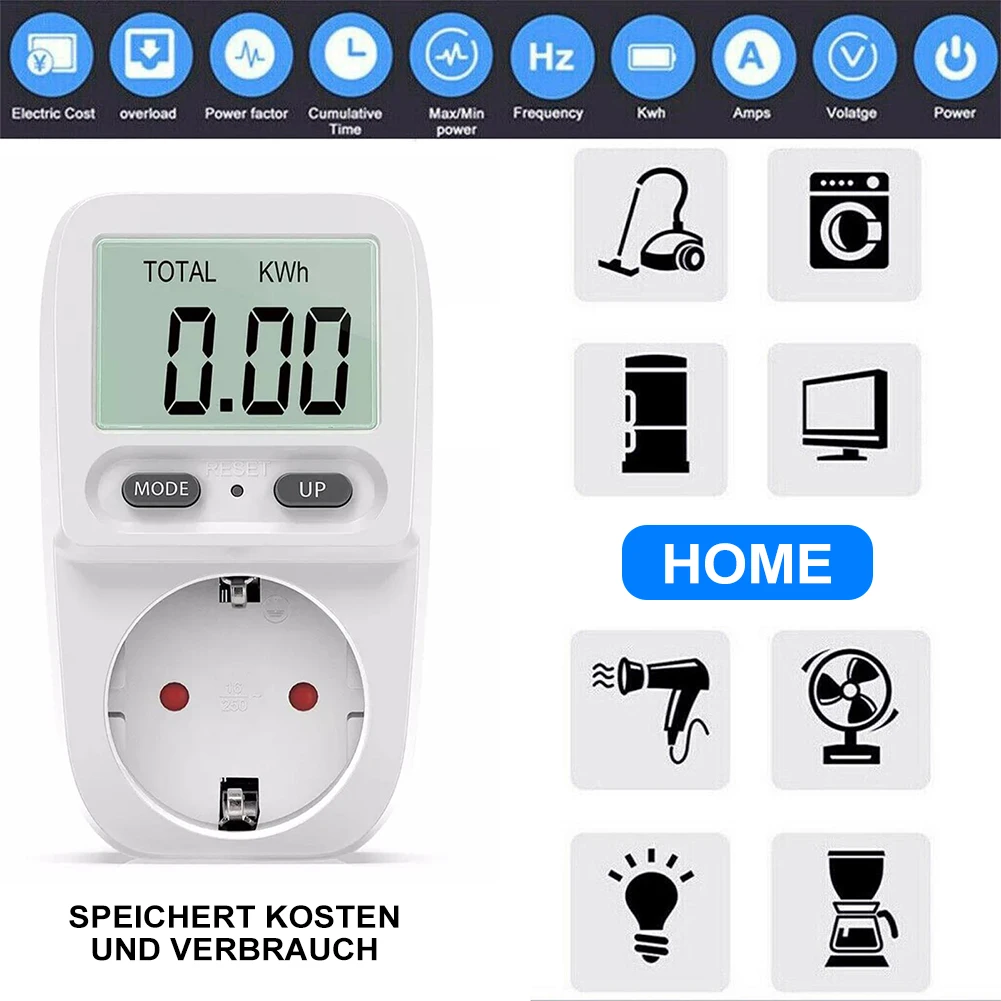 Neuer praktischer digitaler LCD-Leistungsmesser, europäischer Stecker, 220 V, Wattmeter, Steckdose, Energiemesser, Kilowatt-Stunde, Spannung, Strommonitor