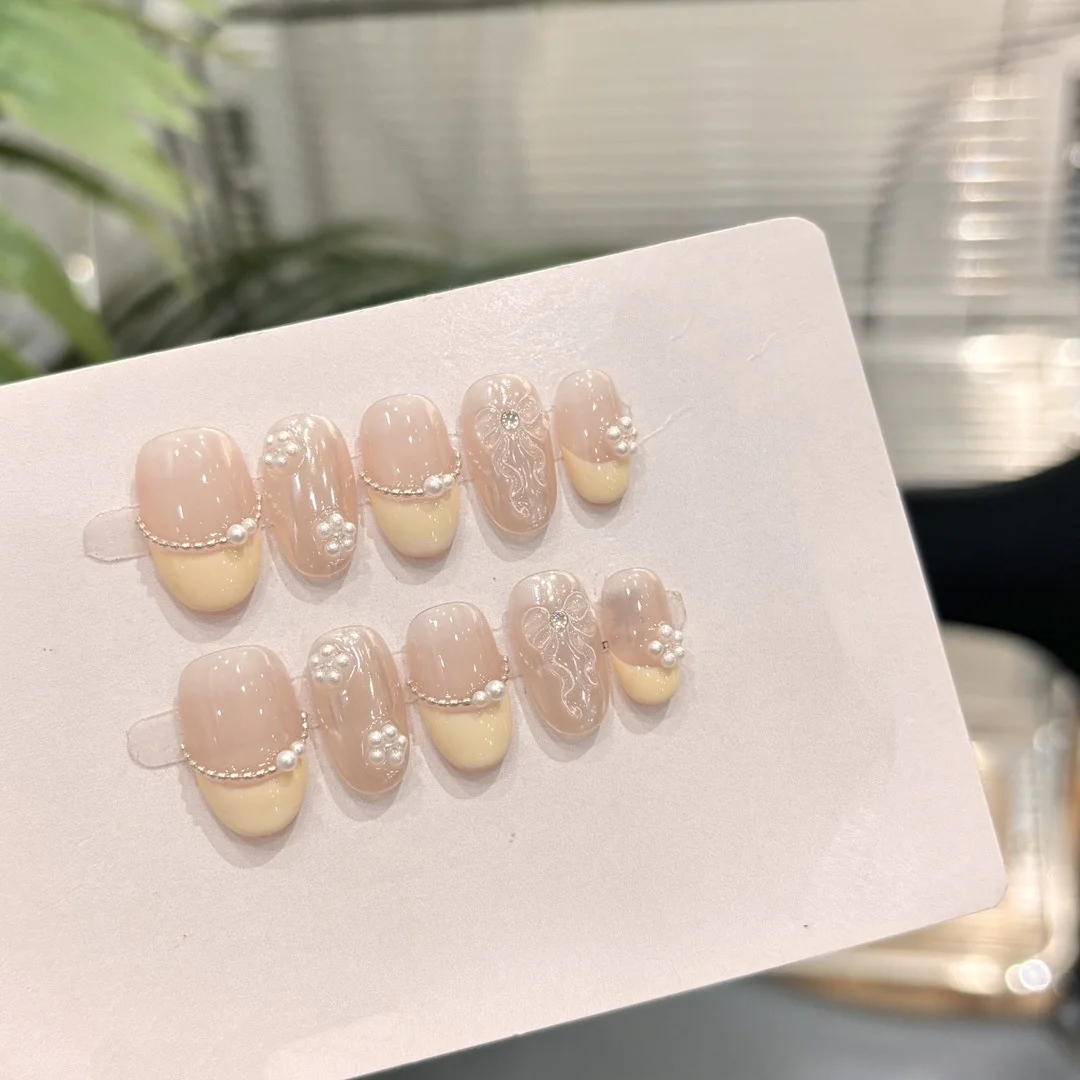 

10pcs Short Almond Handmade Press on Nails Yellow French Full Coverage Fake Nails Tips for Women Bow Pearl Wearable False Nails
