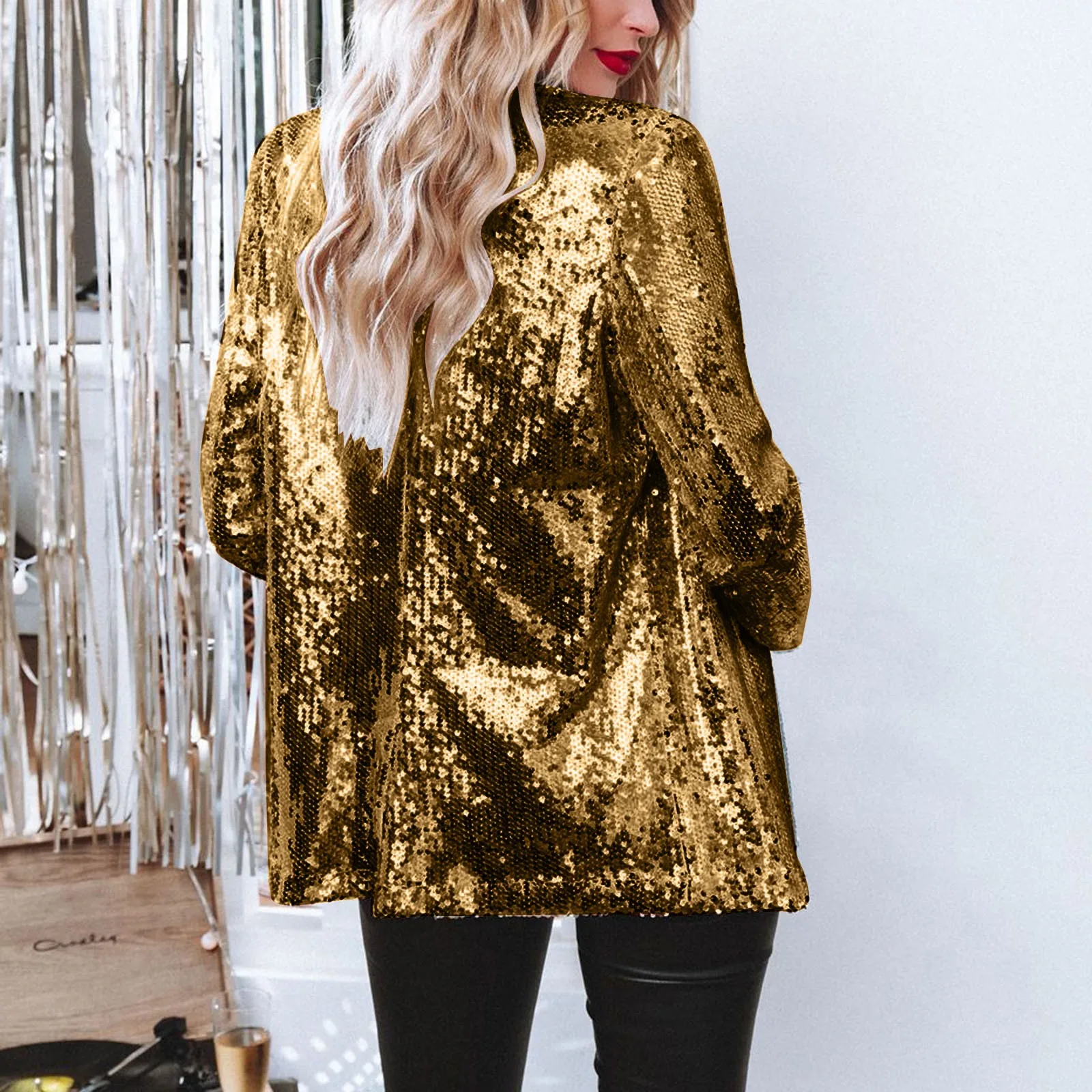 Sequin Glitter Party Open Front Casual Suit Coat Long Sleeve Shiny Lapel Rave Outerwear Autumn Winter Loose Fit Blazer Women