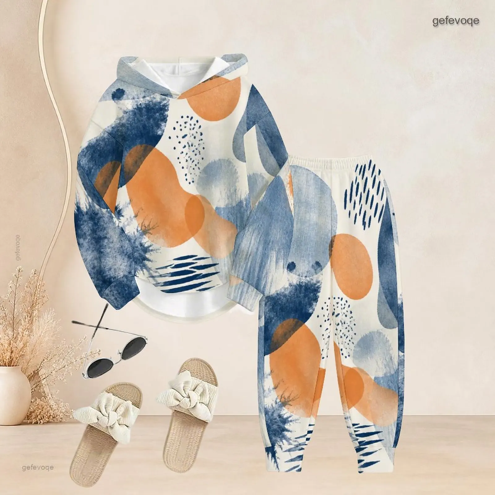Women Long Sleeve Hooded Top Cuffed Pants Two Piece Printed Pants Set