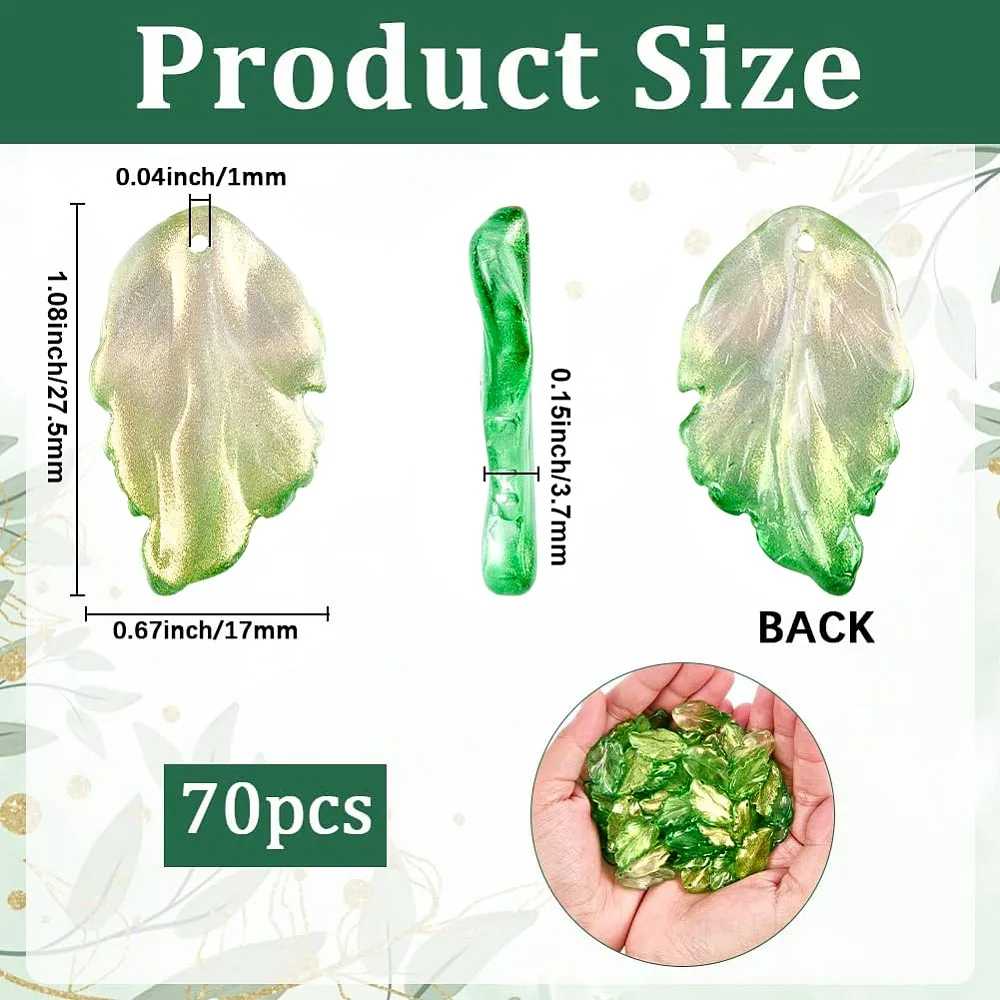 

70Pcs Transparent Glass Pendants Glitter Leaf Charms Green 27.5x17x3.7mm Hole: 1mm