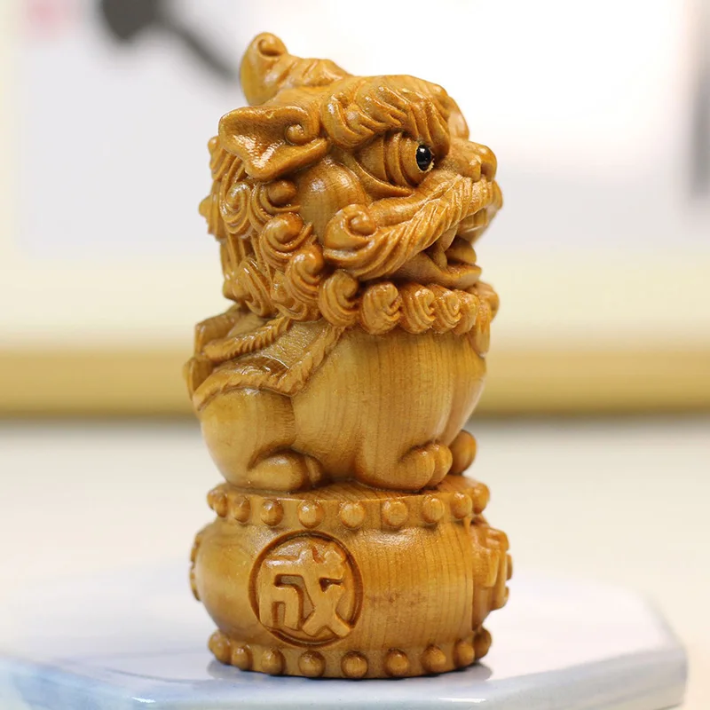 Natural Cypress Auspicious Lion Animal Figurine Hand-Carved Home Room Office Car Decoration  Chinese Characteristics Figurines