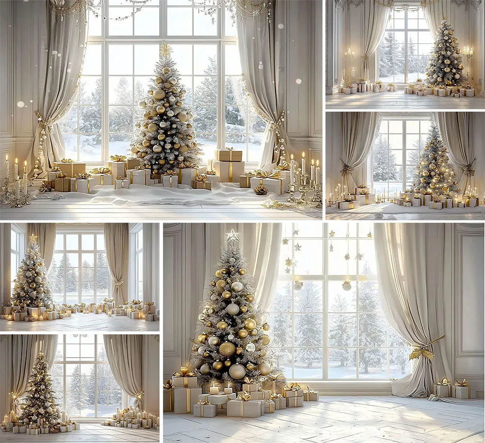 

Mehofond Large Window Christmas Tree Photography Backdrop Family Portrait Candles Gift White Walls Curtains Photocall Background