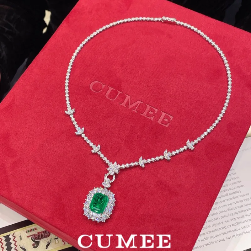 Cumee Detachable Lab Created Emerald Pendant Necklace for Women 925 Sterling Silver White Gold Plated Party Anniversary