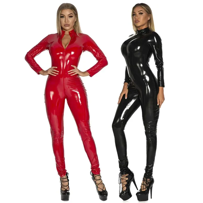 Catsuit sexy en similicuir pour femmes, combinaison de batterie en latex PVC, fermeture à glissière avant, entrejambe ouvert, combinaisons