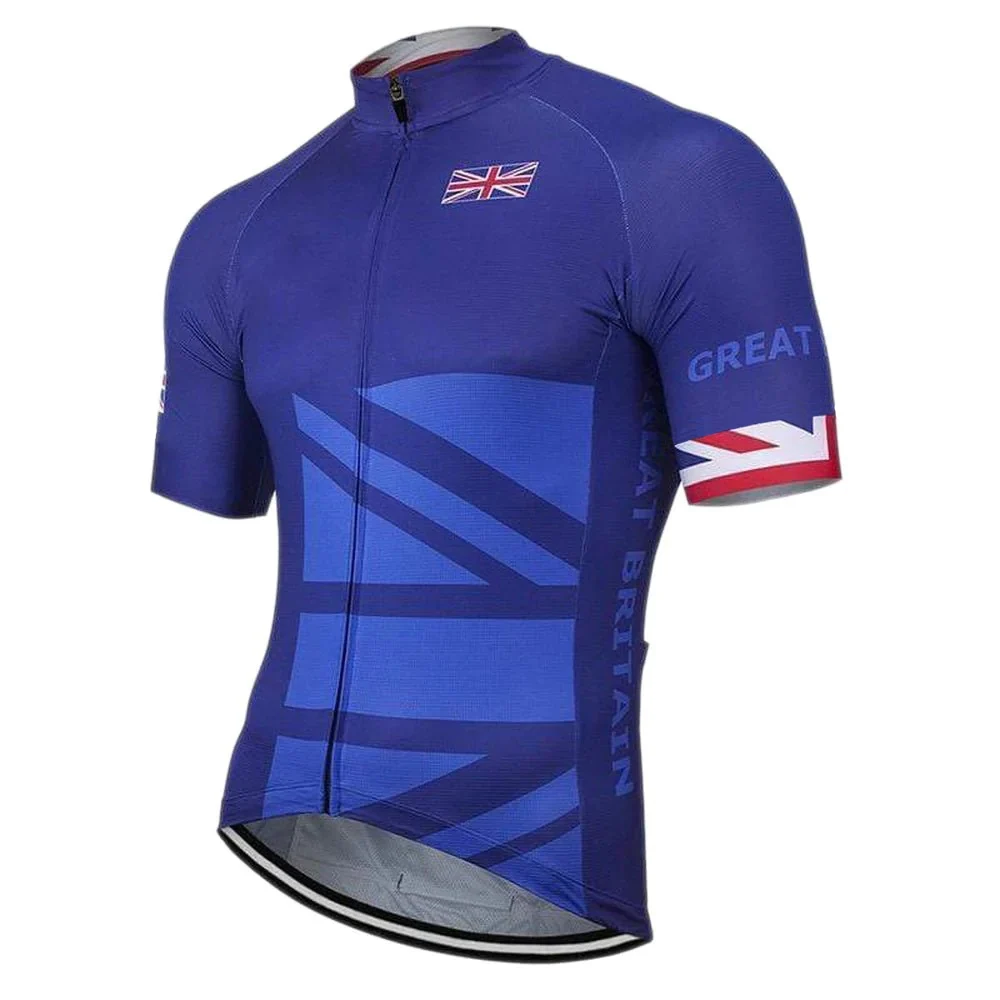 New Men's United Kingdom Flag Cycling Jersey Blue UK Team Bike Clothing Bicycle Wear Short Sleeve Customizable