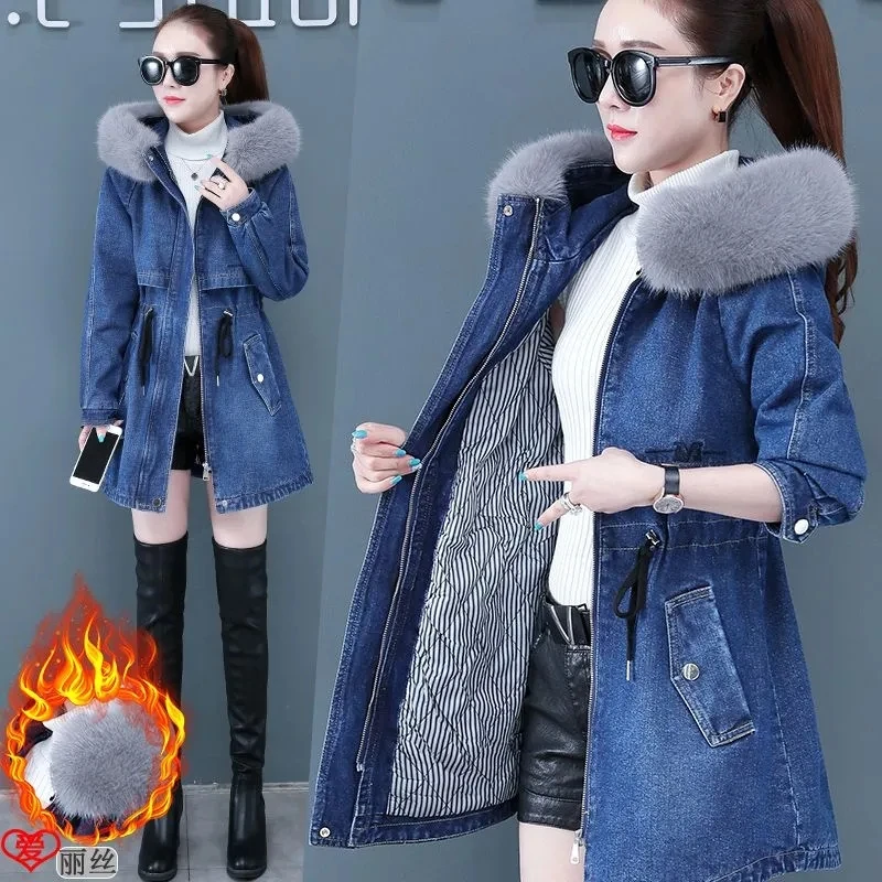 Winter Jackets Plus Cotton Thick Denim Jacket Women\'s 2023 New Warm Parkas Hooded Fur Collar Long Jeans Jacket Female Outerwear