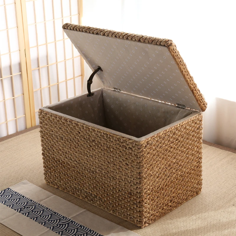 Woven Rattan Storage Ottoman Natural Seagrass Shoe Changing Stool Solid Wood Shoe Seat with Storage Living Room Organizer Chest