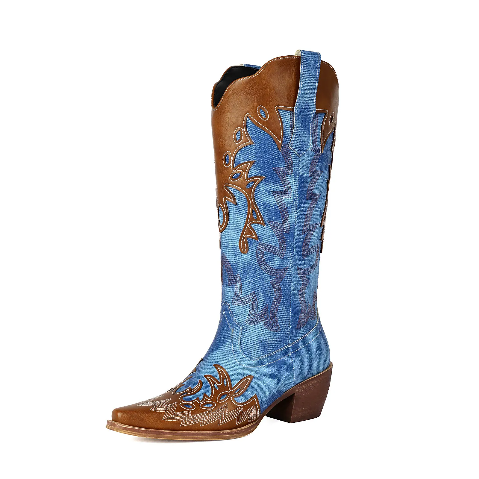 

Women Cowboy Western Boots Cowgirls Mid Calf Booties with Chunky Heels Denim Patchwork Colorblock Pull On Pointed Toe Shoes