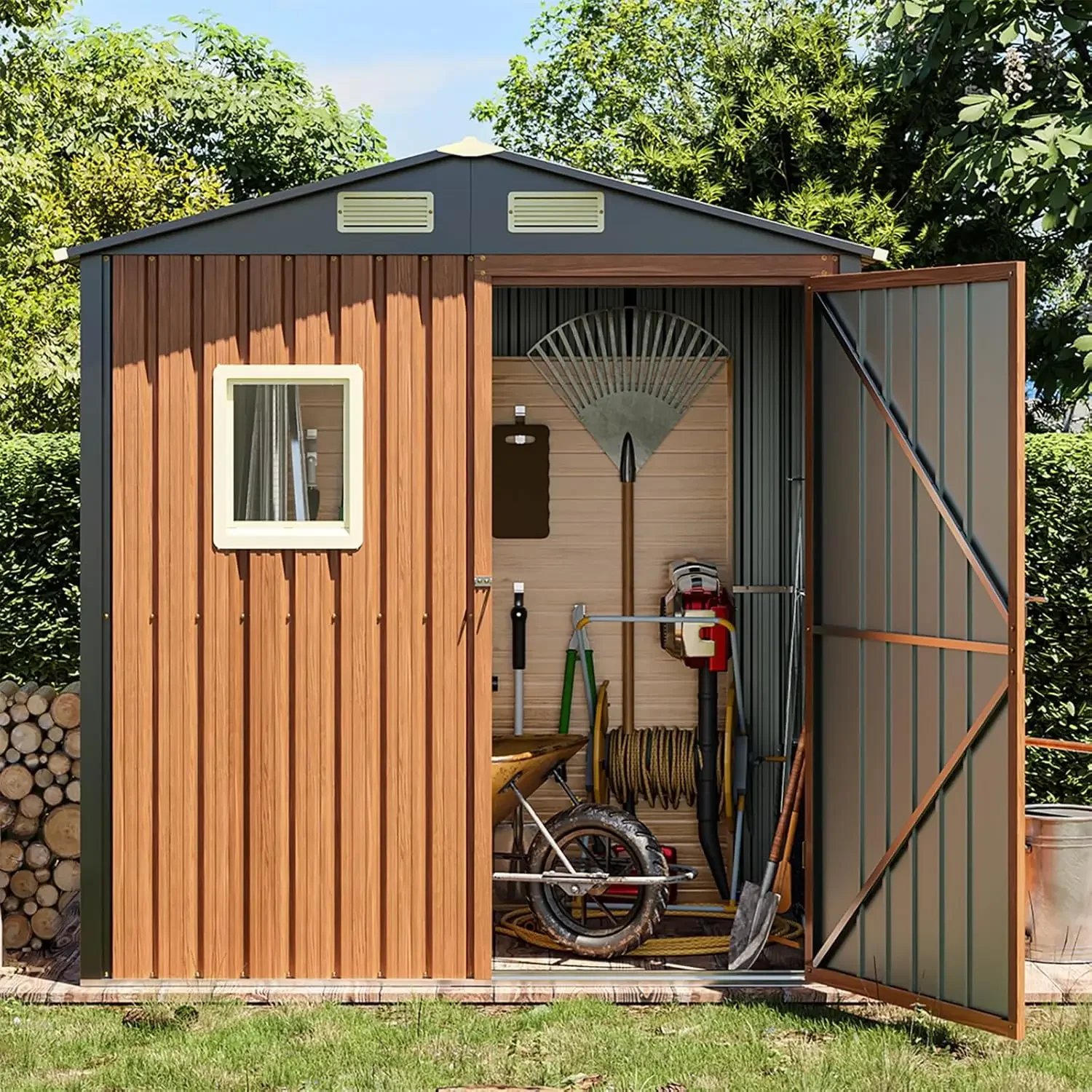 Lockable Metal Garden Shed with Window, Tool Shed Tiny House Vertical Outside Storage Building for Backyard, Lawn, Patio, Bike