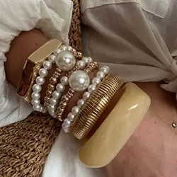 KMVEXO Vintage Wide Cuff Bangles Hip Hop Punk Pearl Beads Geometric Metal Spring Bangles For Women Bracelets Men Jewelry