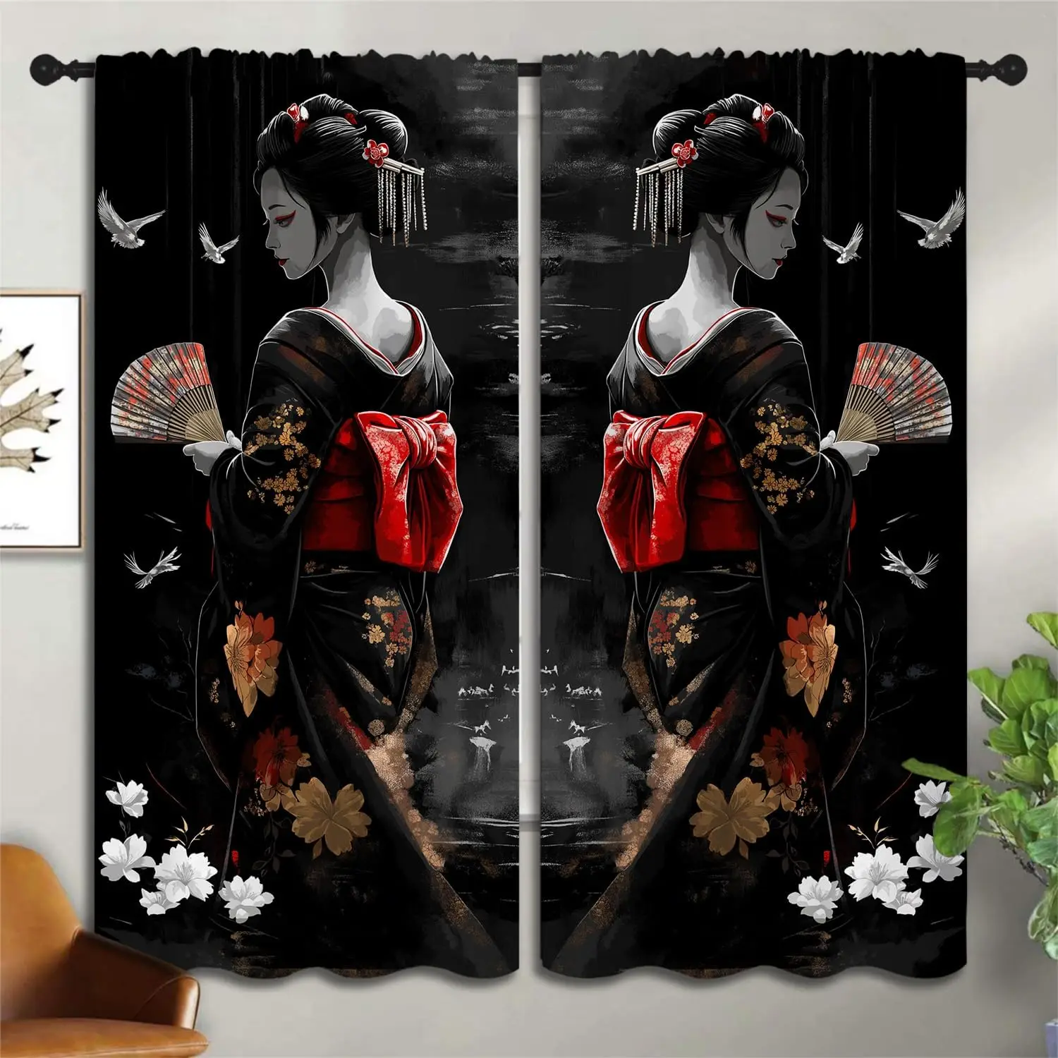 Japanese Geisha Boy Girls Blackout Curtains,Kyoto Kimono Girls Asian Folk Culture Art Fashion style, 2 Panel Rod Pocket Thermal