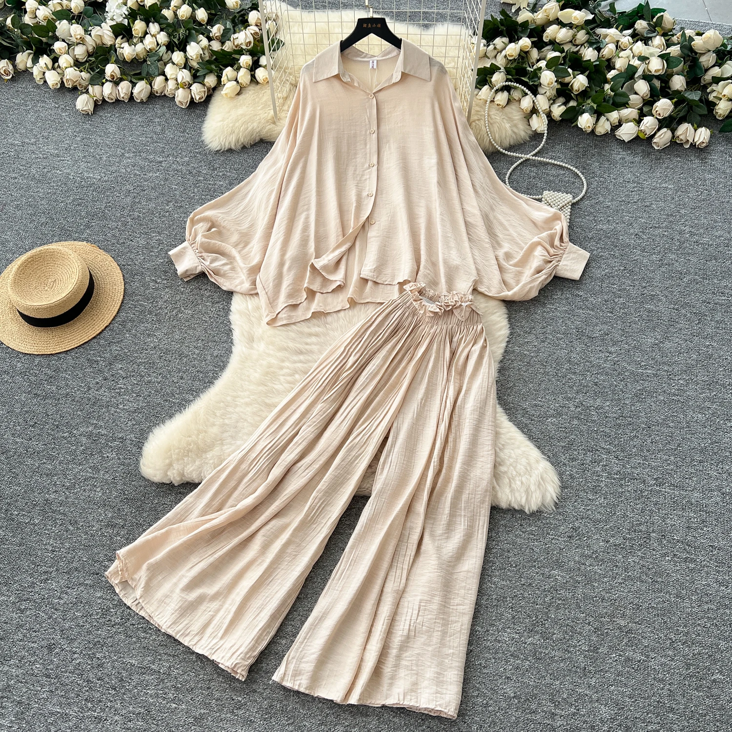 

SuperAen Loose Casual Fashion Lantern-sleeved Shirts High-waisted Wide-leg Pants European and American Two-piece Sets