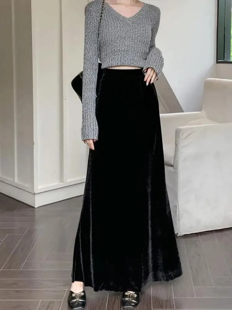 

Black Sexy Club Party Velvet Long Skirt Women's 2024 New Elastic High Waist Slim A-line Large Swing Skirts Female Autumn Winter