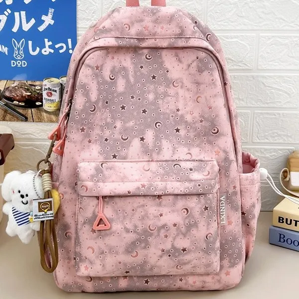 New Womens Star & Moon Print Tie-Dye Backpack Large Capacity Casual School Bag with Travel Backpack for Girls Students