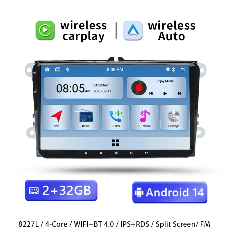 9" Draadloze Carplay Android 14 Autoradio voor VW/Volkswagen/Golf 5/Polo/Tiguan/Passat/B7/B6/Seat/Leon/Skoda/Octavia GPS Navigatie Multimedia Speler Stereo Hoofdunit Audio
