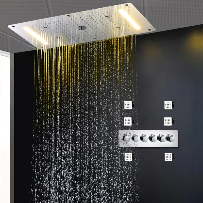 Bath Thermostatic High Flow Faucets Set 700x380mm Shower Column Waterfall Big Rain Mist Shower System