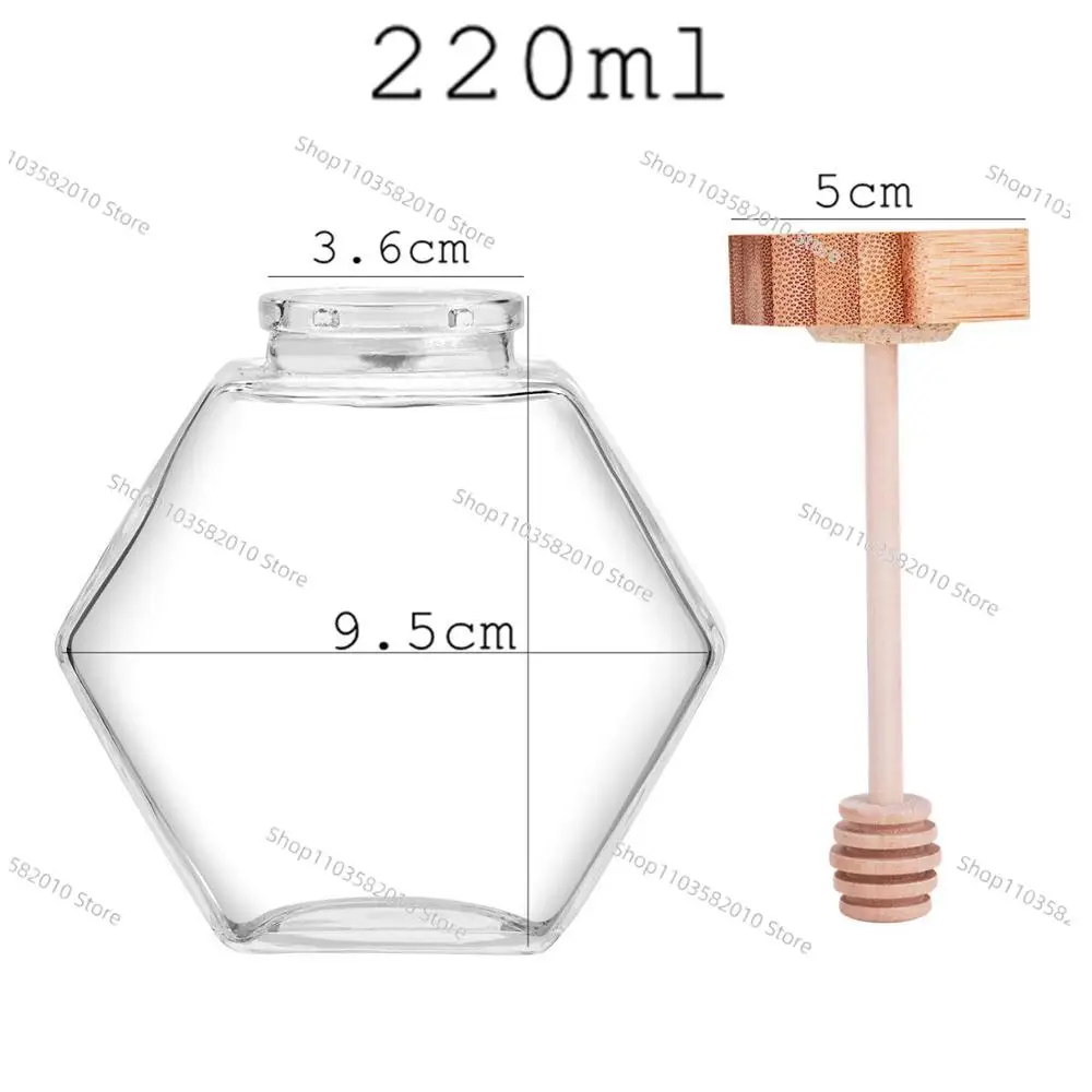 60 Pieces 220ML Hexagonal Glass Honey Jar - with Wooden Dipper & Cork Lid for Kitchen Storage