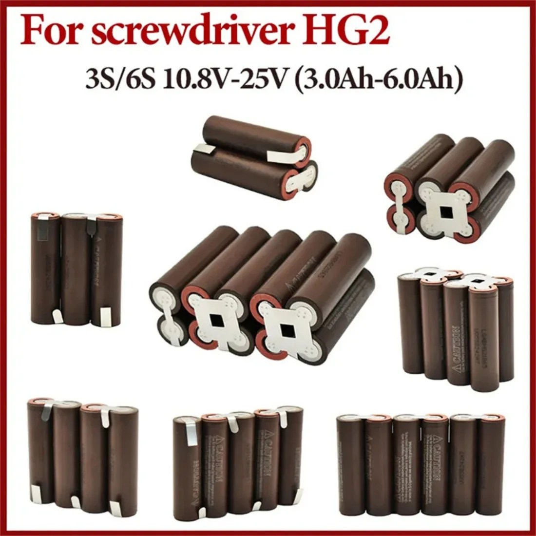 HG2 18650 battery pack 3000mAh 6000mAh 20amps 7.4V 12.6V 14.8V 18V 25.2V 29.6V for Screwdriver Battery Welding Battery Pack