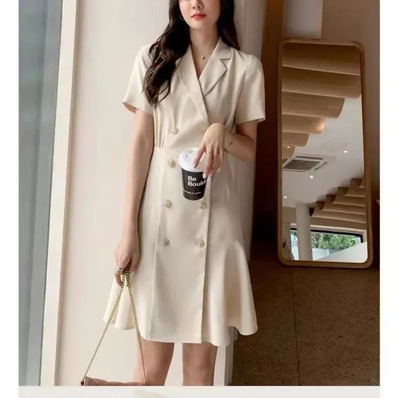 Spring Summer Solid Slim Suit Dress Temperament Office Lady Fashion Double Breasted Short Sleeve Simple Business Attire Dresses