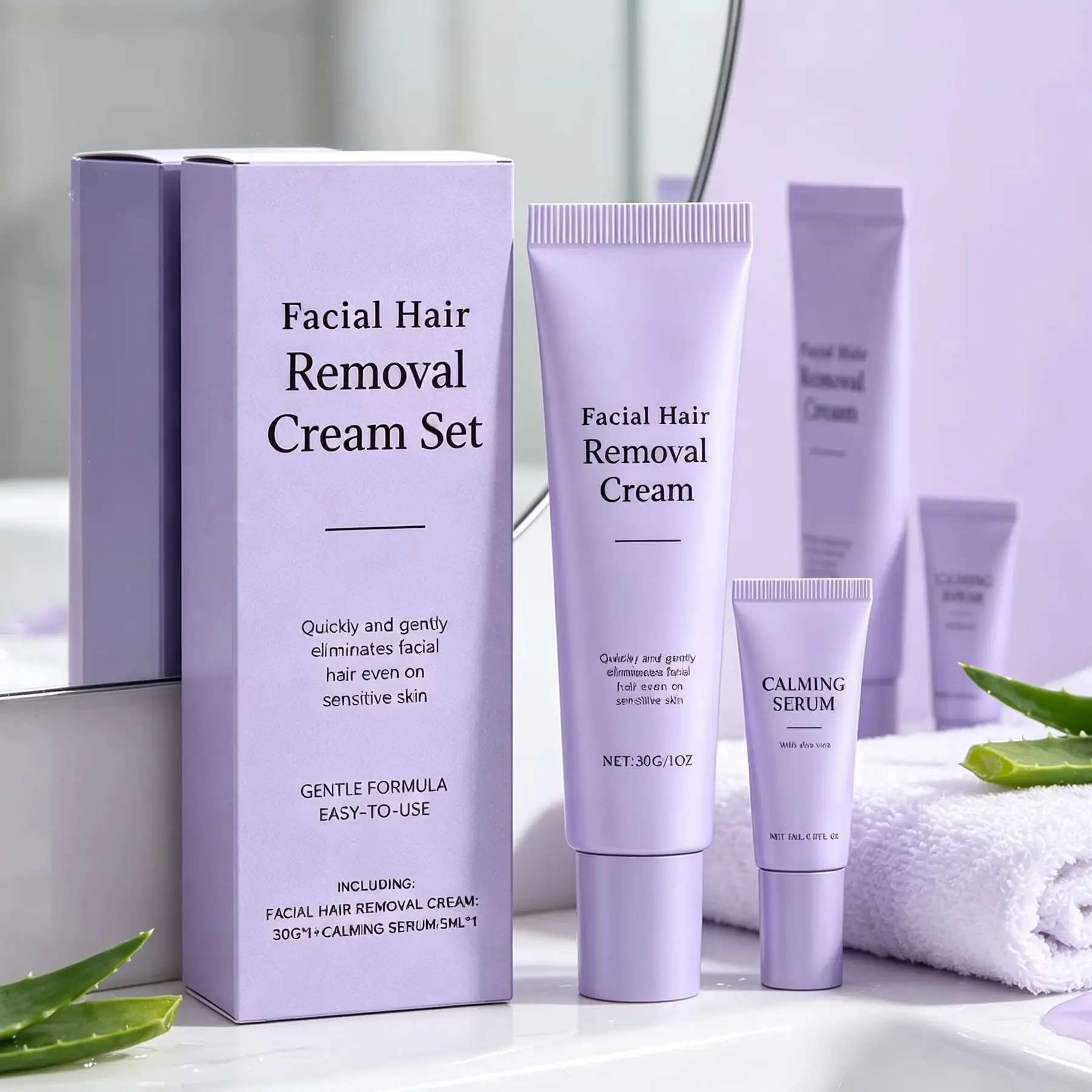 Facial Hair Removal Cream with Calming Serum Sensitive Skin Non-irritating Painless Upper Lip Depilatory Cream for Face Care 30g