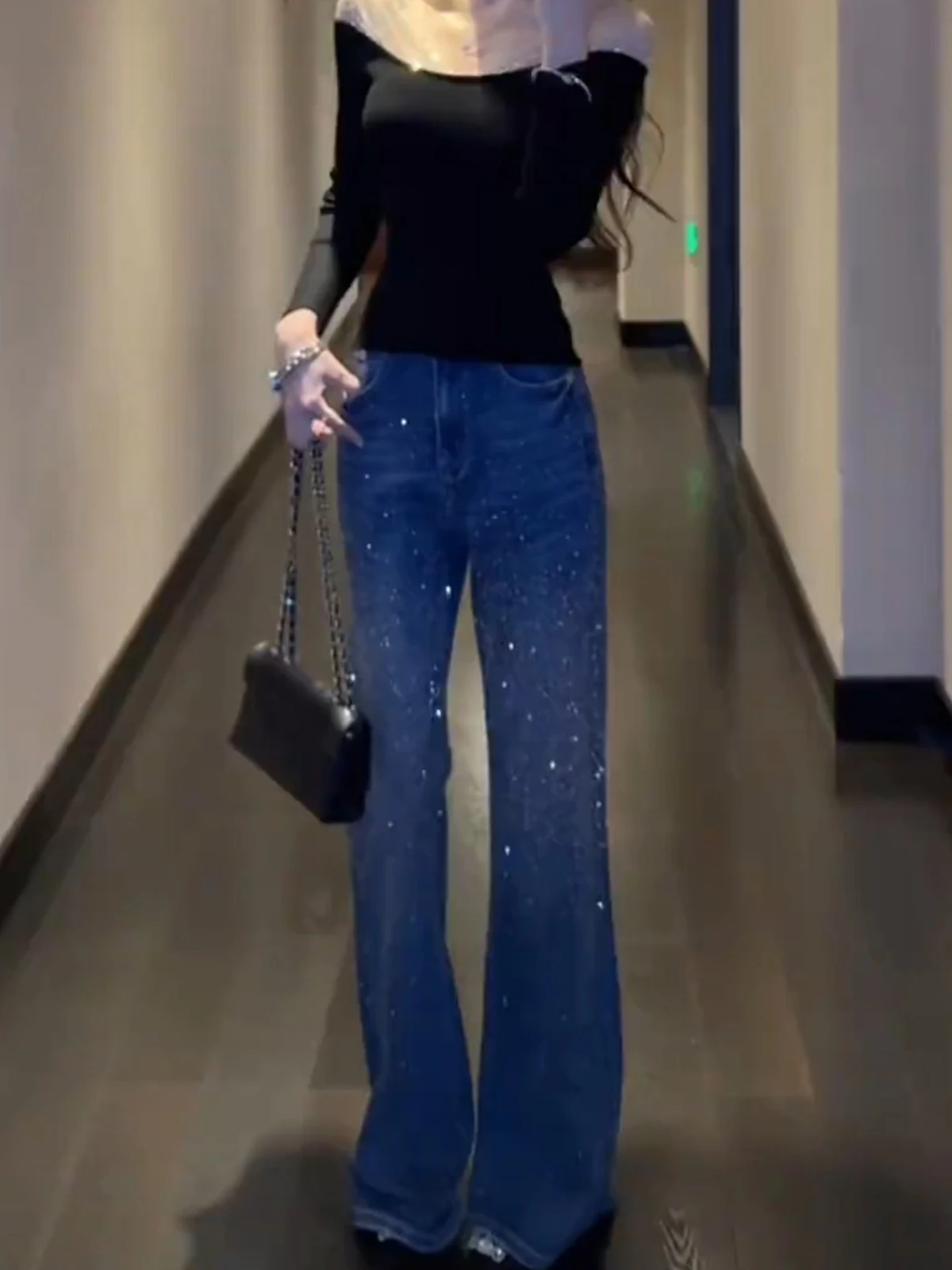 

Синие джинсы с широкими штанинами и высокой талией для женщин, новинка весенней коллекции, с блестящей подкладкой, прямые брюки