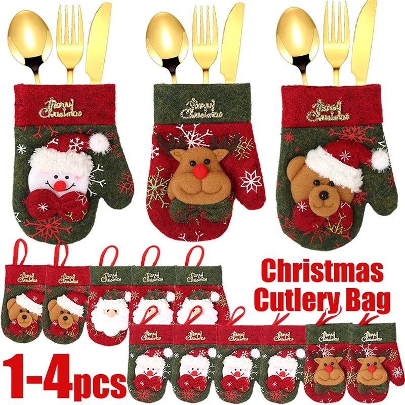 Christmas Cutlery Bag Knives Forks Suit Pocket Cover Holder Tableware Christmas Tree Hanging Decorations Gloves Dinner Organizer