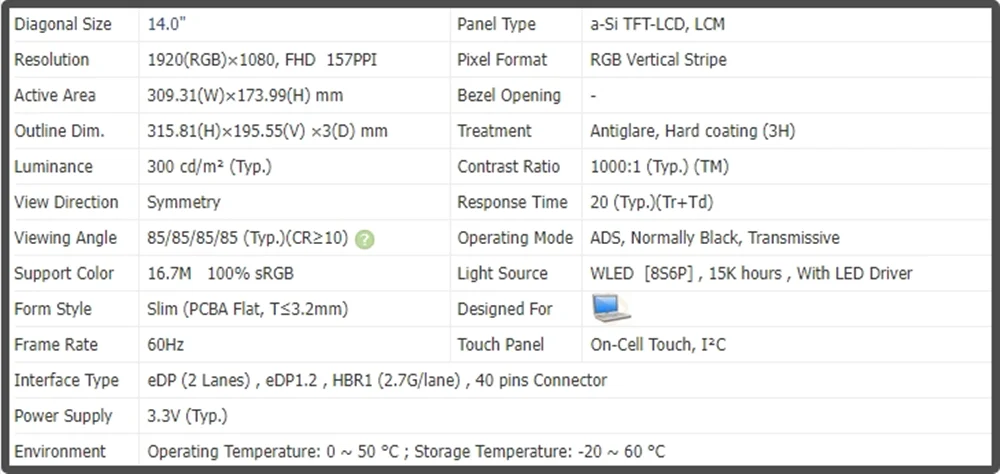 NV140FHM-T09 14 inch LCD Screen IPS Panel Display FHD 1920x1080 40pins 60Hz On-Cell Touch