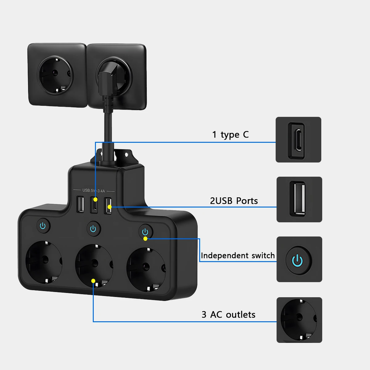 EU Power Strip Wall Plug Network Filter Multi Socket 3 Outlets 3 USB Port Fast Charging Adapter Surge Protection For Home Office