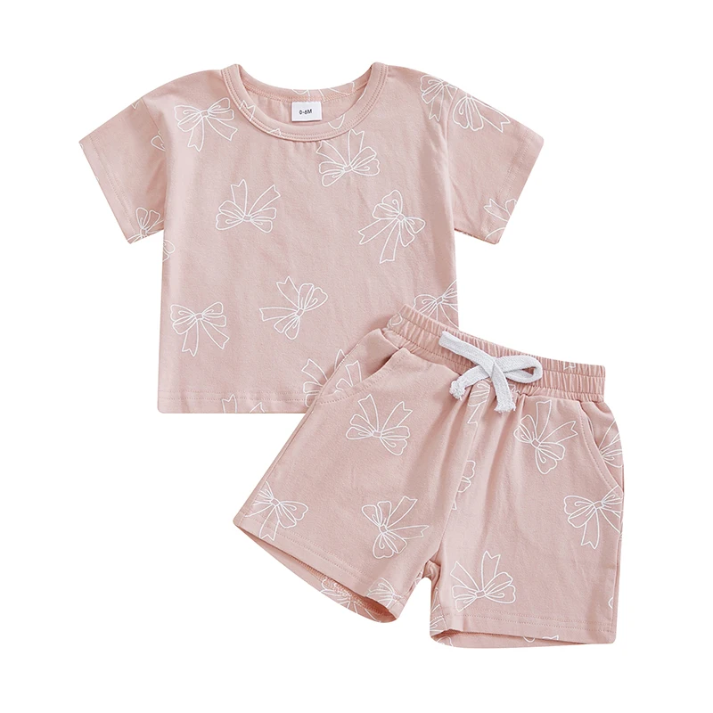 Pudcoco Toddler Girls Summer Outfit Bow Print Short Sleeve T-Shirt and Elastic Shorts Set Cute Summer 2 Piece Clothes 0-3T