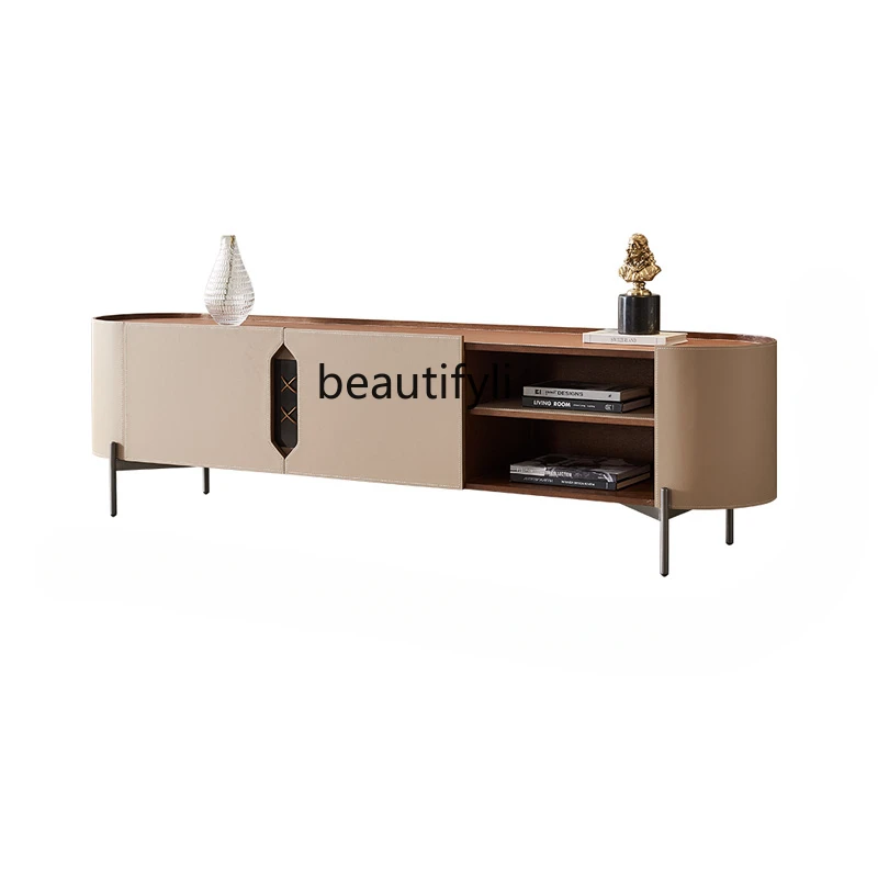 

Italian Minimalist Saddle Leather TV Cabinet and Tea Table Combination Living Room Rounded Storage Floor Cabinet