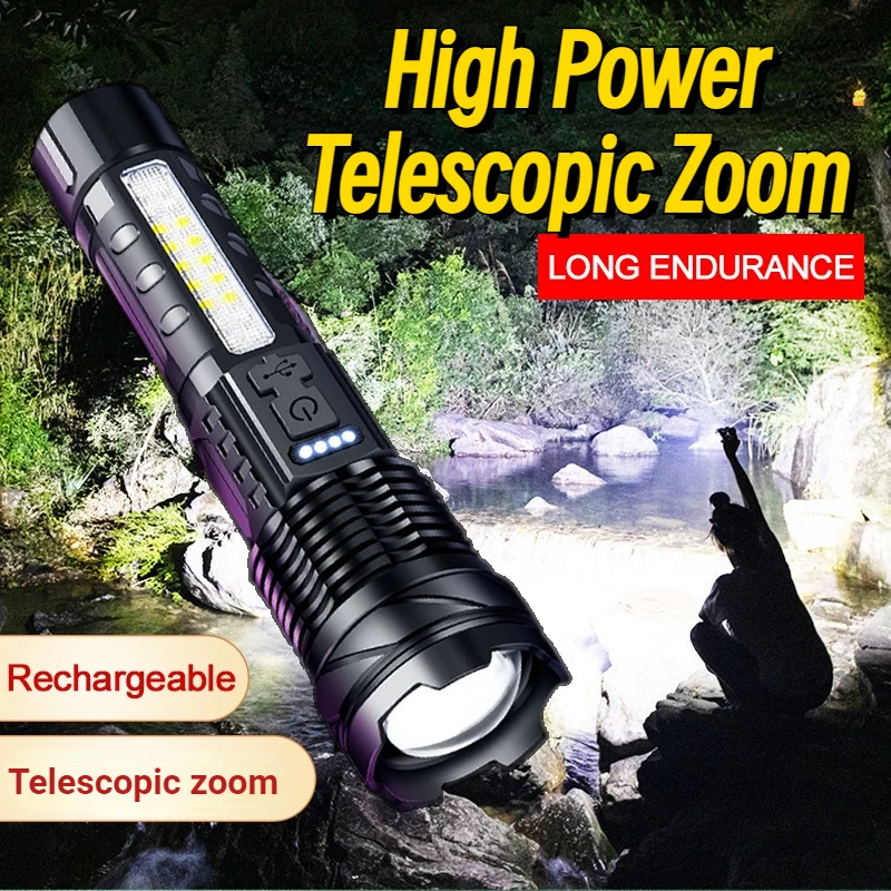 lanterna telescopica de zoom de alta potencia tipo c carregamento ao ar livre de longo alcance xhp50 tocha laser branca com luz lateral de advertencia cob 01