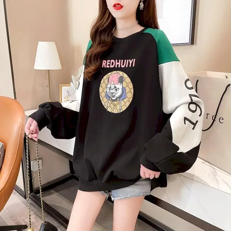 Womens Pullovers Autumn Trend Thin Tops fashion Contrast Color Cartoon Oversized Pullover Loose Long-sleeved Tshirt Sweatshirt