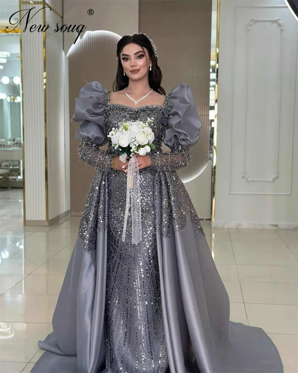 

Middle East Gray Long Sleeves Evening Dresses Beaded Puffy Sleeves Prom Dress Wedding Party Gowns Vestidos De Cóctel Customized