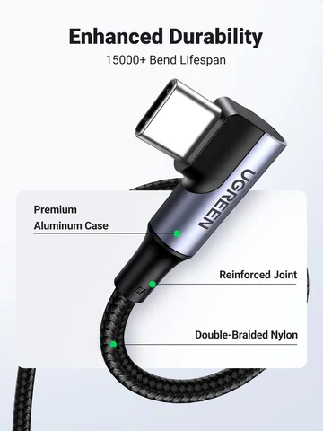 UGREEN 90-градусный кабель PD100W USB C для быстрой зарядки iPhone, Samsung, MacBook — фото устройства
