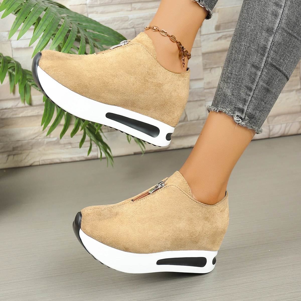 Damen-Sneaker mit Frontreißverschluss und verstecktem Keilabsatz, Wildleder-Plattform, höhenvergrößernde Freizeitschuhe, Damen-Slipper mit dicker Sohle zum Gehen. – Detail 12