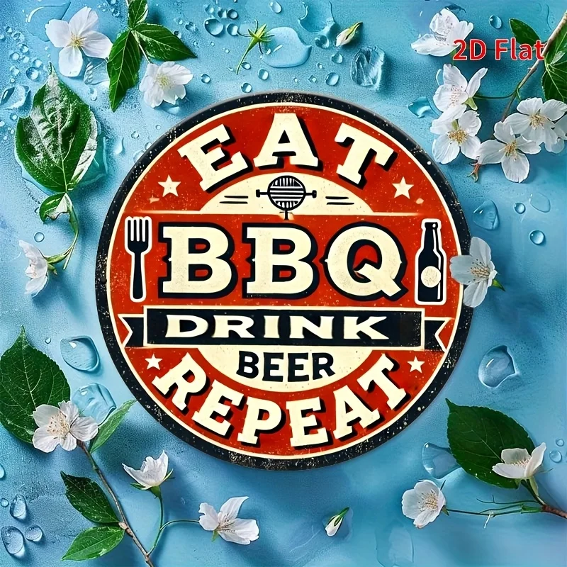 2D Flat - 1pc Vintage BBQ & Beer Aluminum Wall Sign - Round Retro Decor with Grill Utensils & Stars, Durable Metal Art for Home,